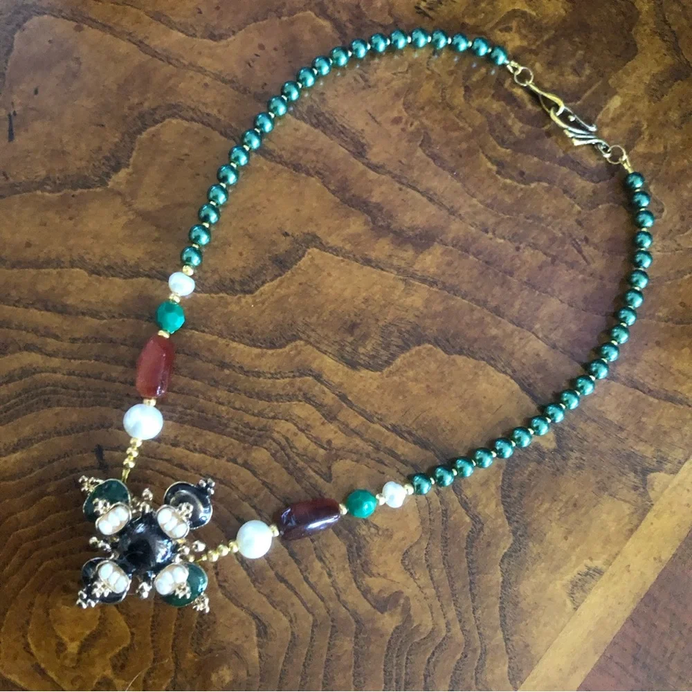 Handcrafted repurpose regal look pendant Czech glass Pearl necklace